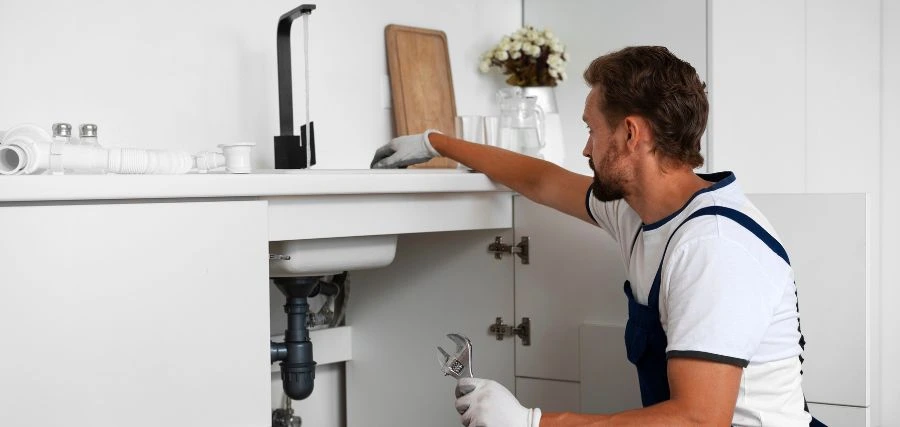 Homem instalando uma torneira na cozinha