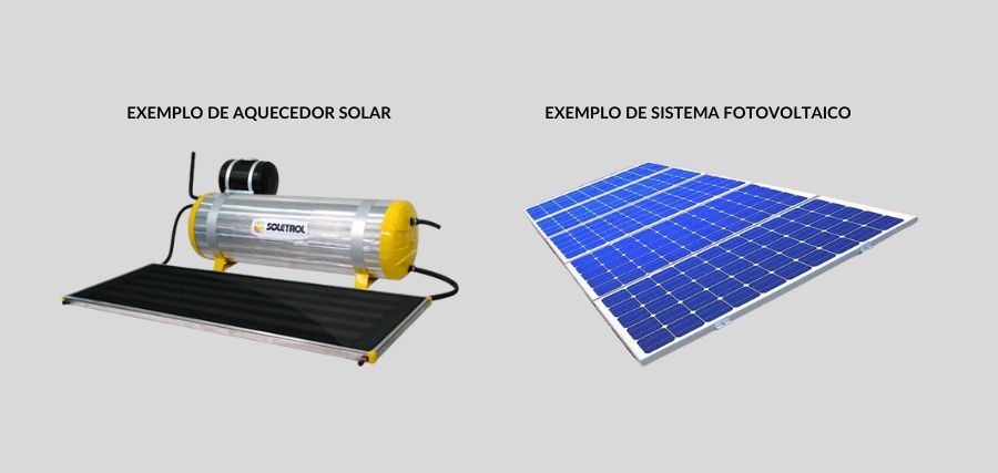 Exemplos de aquecedor solar e sistema fotovoltaico