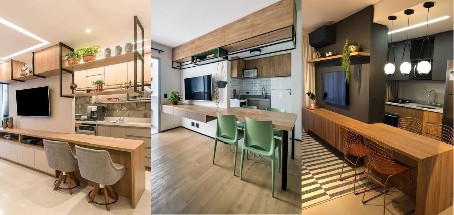 Inspirações de decorações onde o rack da sala e a bancada da cozinha são uma única peça com o mesmo revestimento