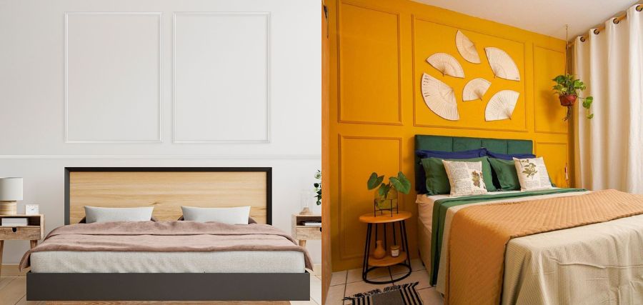 Quartos de casal com boiseries de EVA branco e amarelo